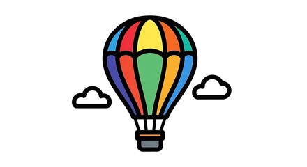 Naklejka premium Colorful vector illustration of a hot air balloon, rendered with bold outlines and a playful palette. Two simple cloud shapes flank the ascent craft