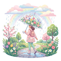 Fototapeta premium Whimsical illustration of a joyful woman with a floral umbrella walking through a vibrant spring garden under a rainbow, celebrating nature and new beginnings