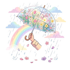 Fototapeta premium A Hand Holds a Transparent Umbrella Filled with Delicate Spring Flowers and a Rainbow in the Background, Suggesting Hope and Renewal During a Gentle Shower