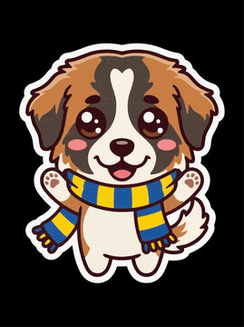 Kawaii Tornjak Soccer Fan Sticker Bosnia Scarf Chibi Black Background