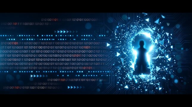 Digital keyhole background with binary code and glowing blue silhouette digital background
