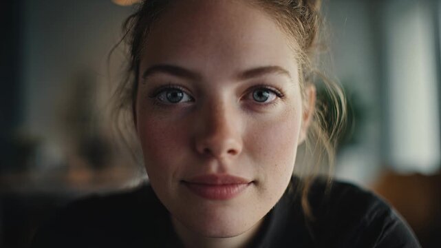 Young freckled woman with blue eyes looks directly at camera gently smiling