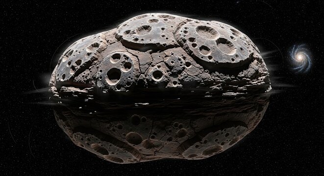 Asteroid with craters in deep space with a galaxy in the background.
