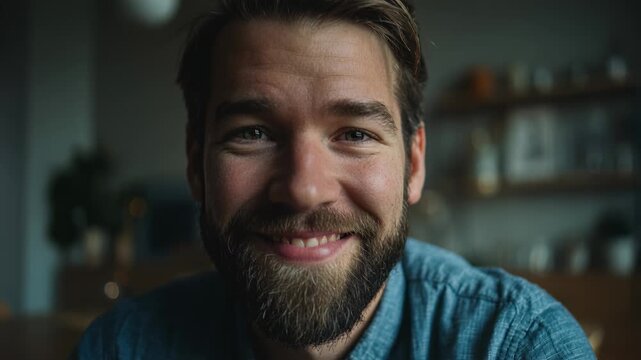 Happy bearded man smiling brightly in cozy kitchen interior background