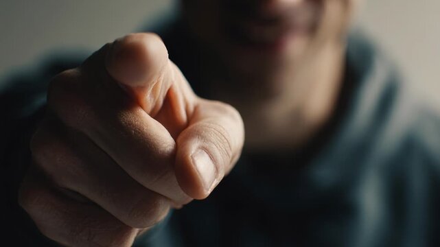 Man in hoodie pointing finger directly at camera with shallow focus