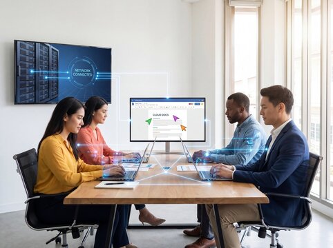 Cloud collaboration workspace with team editing documents, digital