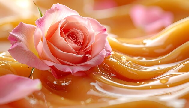 Pink rose on caramel dessert surface.