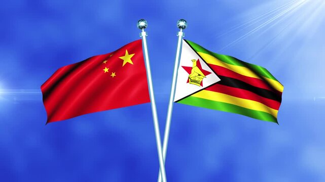 China and Zimbabwe Flag Waving On Pole Loop