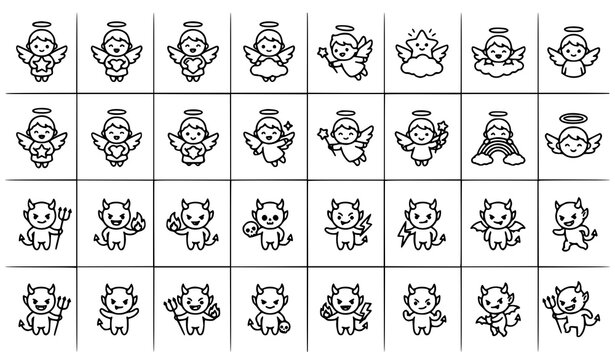 Adorable angel and devil outline mascot icons with cartoon good and evil fantasy characters vector set