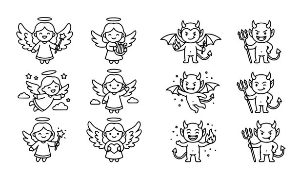 Cartoon angel and devil outline icon collection with cute fantasy mascot vector characters
