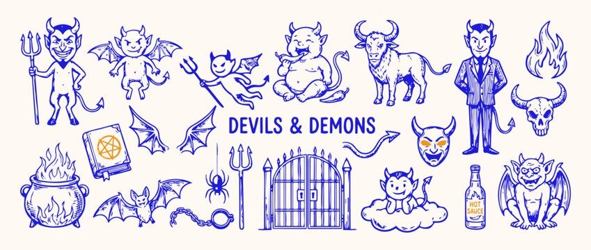 Devils and Demons Collection: A whimsical and devilish collection of hand-drawn illustrations featuring a variety of demonic creatures, mythical beings, and supernatural elements.