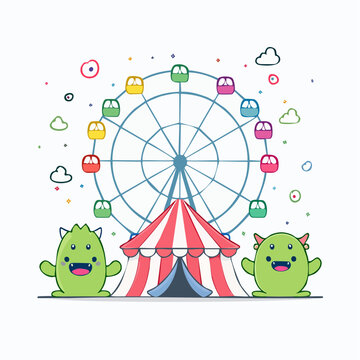 Cute Monsters at a Carnival with Ferris Wheel and Tent