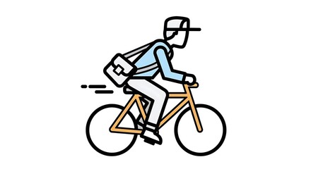 Naklejka premium Simplified illustration of a person riding a bicycle at speed, with a shoulder bag. It?s a flat design in a limited color palette