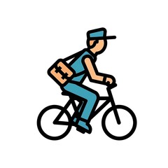 Naklejka premium Simplified illustration of a person riding a bicycle, carrying a bag, depicted in a minimalist style with bold outlines and flat colors