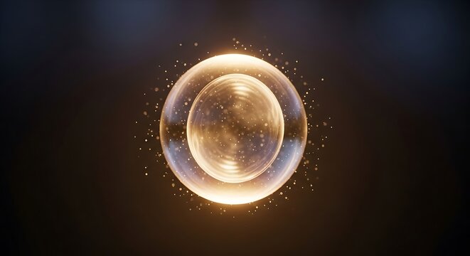 Illuminated translucent sphere, encased within another, radiating particles in a darkened space. The inner sphere displays a dynamic swirl