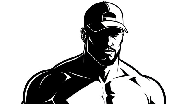 Muscular Man in Baseball Cap, Silhouette Portrait, Strong Physique, Athletic Build, Black and White