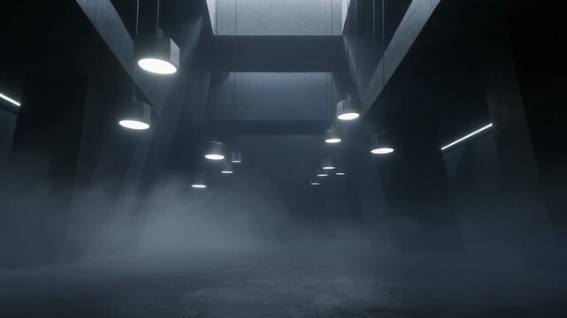 Dark concrete underground vault with heavy atmospheric smoke and industrial hanging lamps, abstract 3d render.