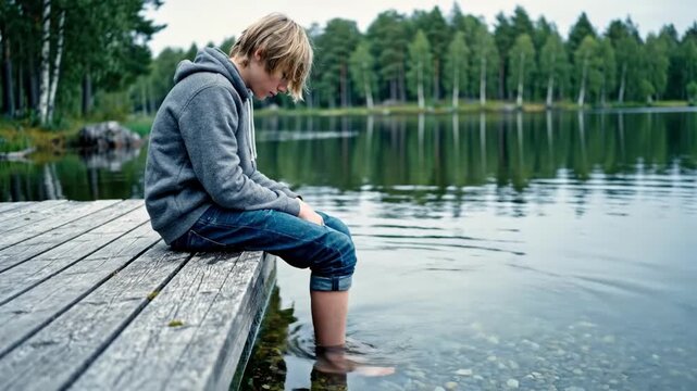 A young boy sits thoughtfully on a wooden dock overlooking a serene lake surrounded by trees.