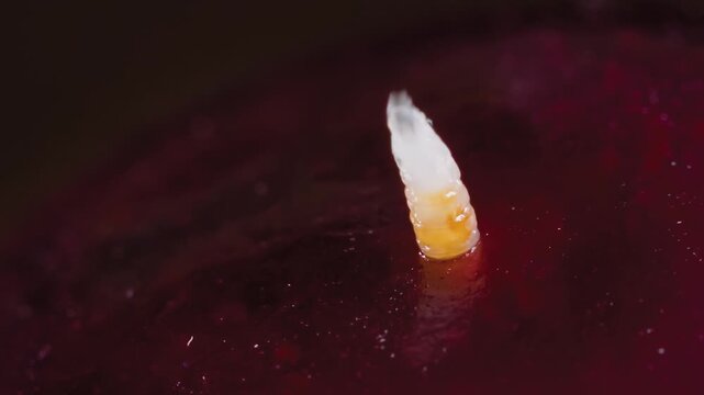 Timelapse: fast moving and wriggling maggot, larva of cherry fruit fly comes out of cherry - macro close up view. Insect, disgusting and time lapse concept