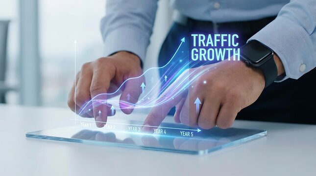 Business person analyzing digital traffic growth chart on futuristic tablet interface.