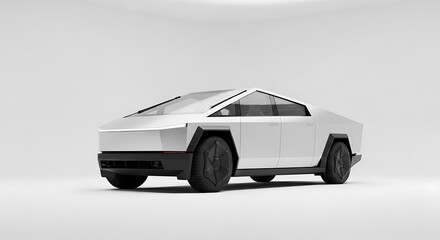 Modern, futuristic automobile with an angular, geometric design and a bright white exterior, set against a plain background