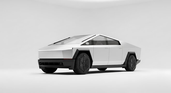 Modern, futuristic automobile with an angular, geometric design and a bright white exterior, set against a plain background