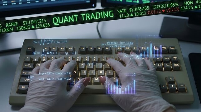 Hands in gloves typing on keyboard with financial data on screen.
