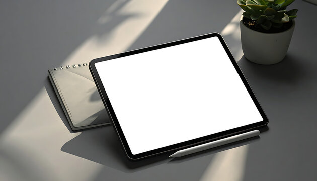 Modern tablet with blank screen and stylus pen on a minimalist desk, next to a small potted plant, with soft natural light casting shadows, ideal for digital mockups and tech presentations