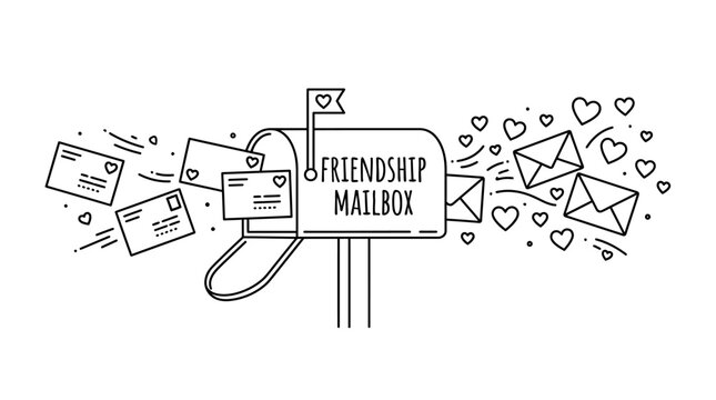 Doodle illustration of a friendship mailbox with flying envelopes and hearts.