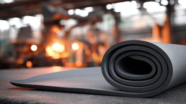 Rolled black industrial rubber mat rests on a workshop surface in front of a blurred manufacturing facility.