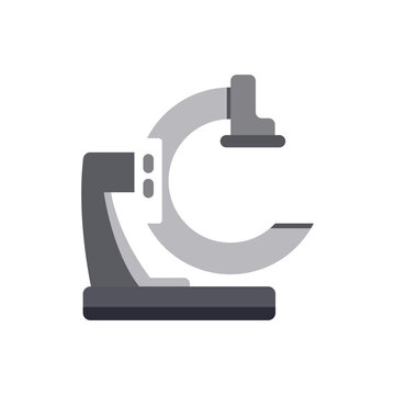 Flat vector illustration of a medical C-arm fluoroscopy imaging system isolated on a white background.