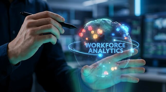 Person analyzing workforce analytics data with futuristic holographic interface.