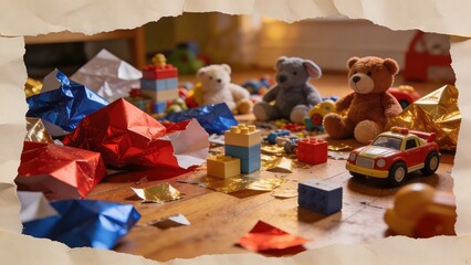 Fototapeta premium A pile of scattered toys and crumpled wrapping paper on a wooden floor, hinting at a recent children's party.