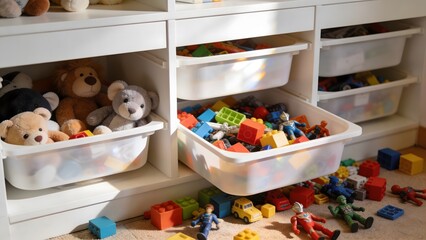 Fototapeta premium A white storage unit filled with various toys, including stuffed animals and building blocks.