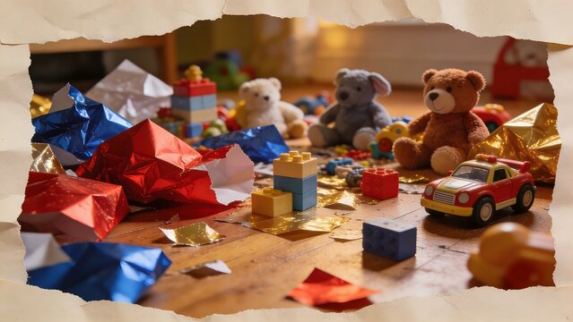 A pile of scattered toys and crumpled wrapping paper on a wooden floor, hinting at a recent children's party.