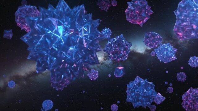 Geometric glowing purple and blue objects float against a backdrop of stars