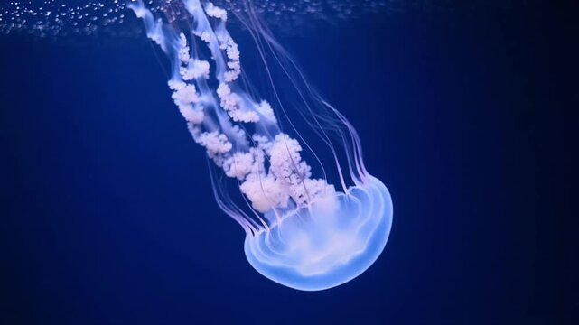 Cinematic Slow Motion Close-Up Translucent Jellyfish Floating Gracefully in Deep Dark Blue Ocean
