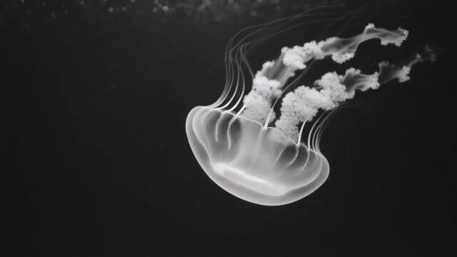 Cinematic Slow Motion Close-Up Translucent Jellyfish Floating Gracefully in Deep Dark Blue Ocean