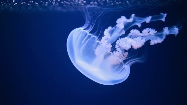 Cinematic Slow Motion Close-Up Translucent Jellyfish Floating Gracefully in Deep Dark Blue Ocean