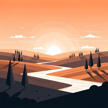 Stylized sunset over rolling hills, with a winding river and silhouetted trees, evoking a sense of tranquility