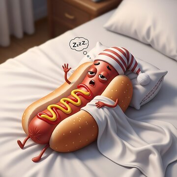 Whimsical illustration of a hotdog character asleep in bed, wearing a striped nightcap, with mustard, and ketchup, daydreaming a "Zzz" bubble