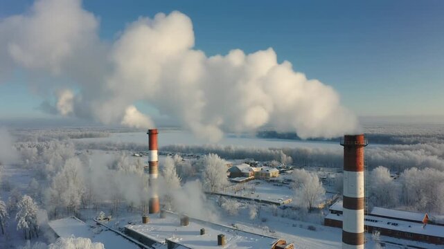 Cinematic Slow Motion Factory Chimneys Emitting Dense White Steam Smoke in Cold Winter Landscape
