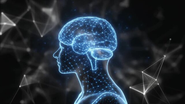Glowing AI Neural Network Visualization Merging with Human Silhouette in Cinematic Slow Motion