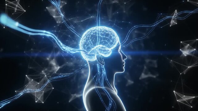 Glowing AI Neural Network Visualization Merging with Human Silhouette in Cinematic Slow Motion