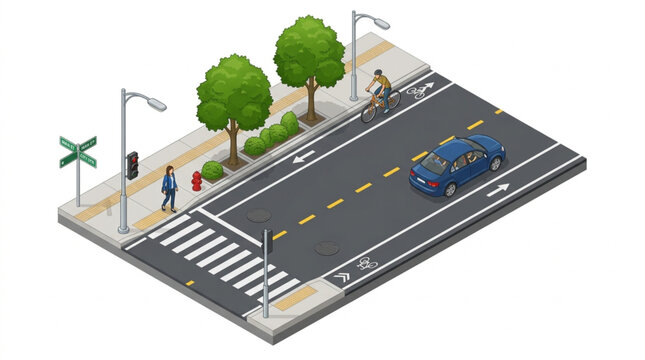 Isometric view of a city street with a car and pedestrian crossing.