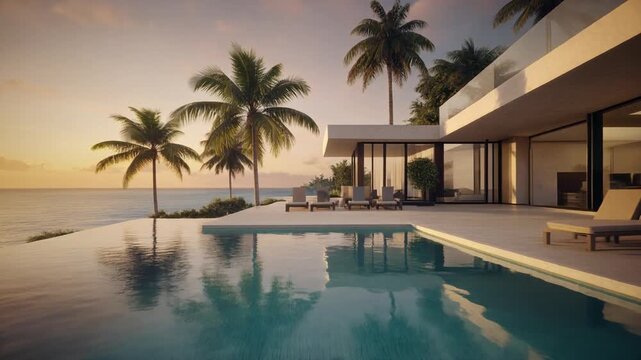 Cinematic Slow Motion Wide Shot Luxurious Modern Mansion with Infinity Pool Overlooking Ocean