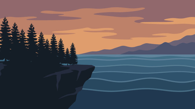 Serene landscape with cliff and trees by ocean at sunset