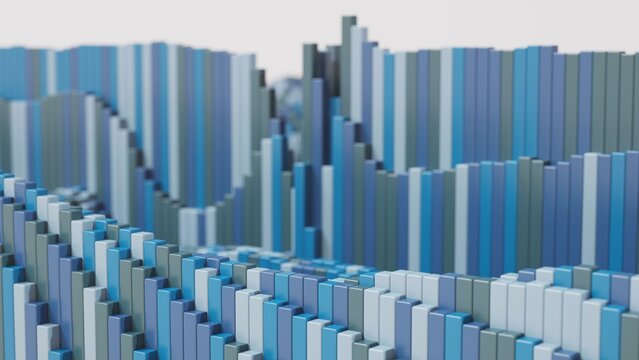 Curved blue voxel architecture and abstract wave city 3D illustration