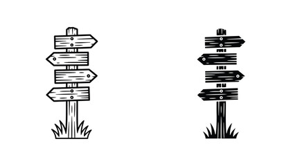 Rustic wooden signpost directional icons in outline and solid black style © TajuStock