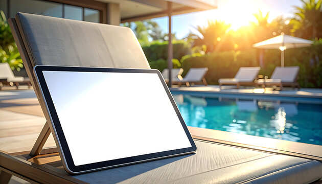 Tablet computer with blank screen on a lounge chair by a sunlit swimming pool, vacation ambiance, outdoor leisure